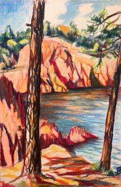Mid Century French Original Pastel Painting of Rocky Coastal View at Le Trayas