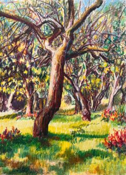 Mid Century French Original Pastel Painting of Sunlit Orchard
