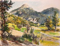 Mid Century French Original Pastel Drawing of Mountainous Landscape Scene