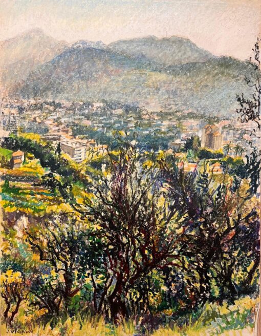 Mid Century French Original Pastel Drawing of Mountain View Overlooking Village