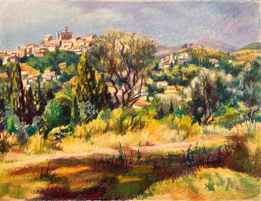 Mid Century French Original Pastel Drawing of Hilltop View Overlooking Village