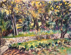 Mid Century French Original Pastel Drawing of Sunlit Garden with Stone Wall