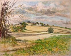 Mid Century French Original Pastel Drawing of Countryside Landscape
