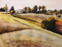 Mid Century French Original Watercolor of Sunlit Fields