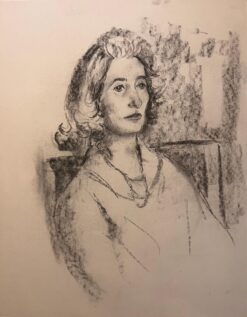 Mid Century French Original Charcoal Portrait of a Seated Woman