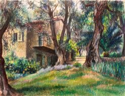 Mid Century French Original Pastel Drawing of Rustic House and Garden