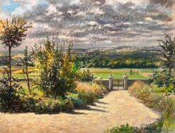 Mid Century French Original Pastel Drawing of Driveway Gate and Distant Horizon