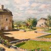 Mid Century French Original Pastel Drawing of Stone House with Courtyard