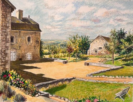 Mid Century French Original Pastel Drawing of Stone House with Courtyard
