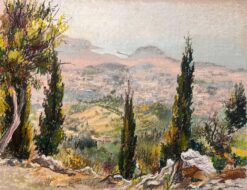 Mid Century French Original Pastel Drawing of Hillside View with Cypress Trees