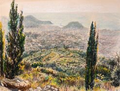 Mid Century French Pastel Drawing of Distant Hillside View with Cypress Trees