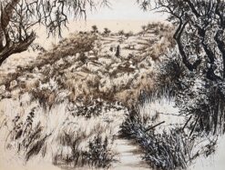 Mid Century French Drawing Hillside Landscape with Trees and Distant Houses
