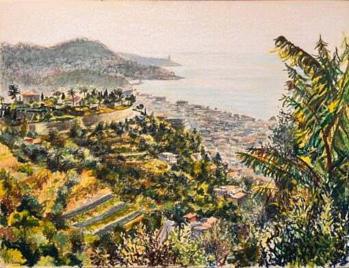 Mid Century French Pastel Drawing of Coastal Hillside with Sea and Town View