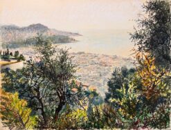 Mid Century French Pastel Drawing of a Lush Garden Overlooking Coastal Scene