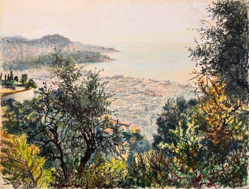 Mid Century French Pastel Drawing of a Lush Garden Overlooking Coastal Scene