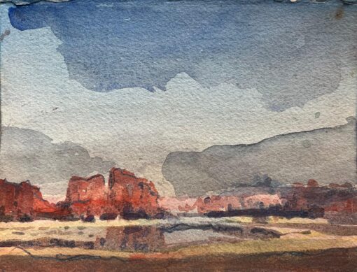 French Impressionist Watercolor Desert Landscape of a Red Rock Formation