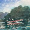 French Impressionist Watercolor of Riverbank Scene with Red Row Boat