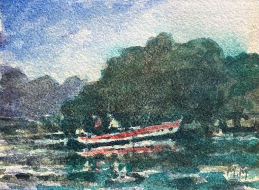 French Impressionist Watercolor of Riverbank Scene with Red Row Boat