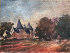 French Impressionist Watercolor of a Château at Sunset