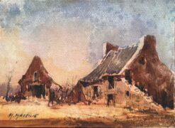 French Impressionist Watercolor of Rustic Farmhouse at Dusk