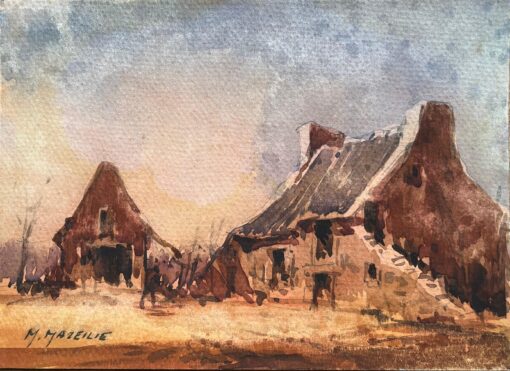 French Impressionist Watercolor of Rustic Farmhouse at Dusk