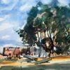 French Impressionist Watercolor of a Sunny Wooded Landscape