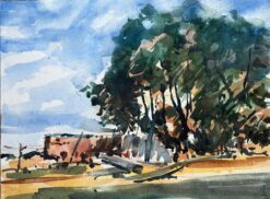 French Impressionist Watercolor of a Sunny Wooded Landscape