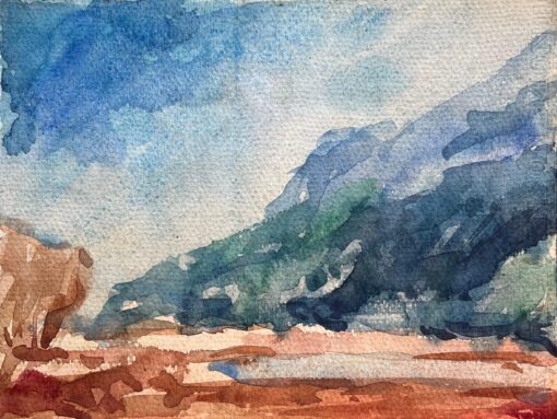French Impressionist Watercolor of a Mountainous Landscape and Valley