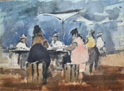 French Impressionist Watercolor Painting of Bustling Outdoor Cafe