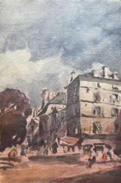 French Impressionist Watercolor French Urban Scene Depicting a Bustling Street