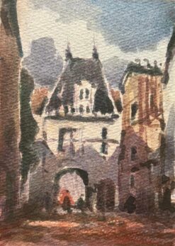 French Impressionist Watercolor of French Village Square with Archway