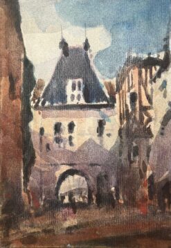 French Impressionist Watercolor of French Village Square with Archway