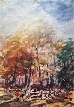 French Impressionist Watercolor of Autumnal Woodland Scene