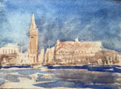 French Impressionist Watercolor of Venetian Skyline with Tower and Waterfront