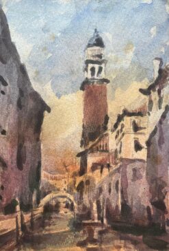 French Impressionist Watercolor of Venetian Cityscape with Tower and Canal