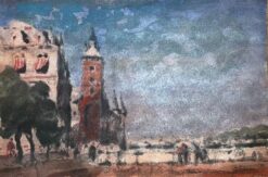 French Impressionist Watercolor of Venetian Street Scene with Tower and Figures
