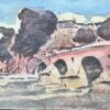 French Impressionist Watercolor Parisian Bridge Scene with Trees and Riverbank
