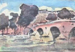French Impressionist Watercolor Parisian Bridge Scene with Trees and Riverbank