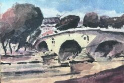 French Impressionist Watercolor of Parisian Bridge with Trees and Riverbank