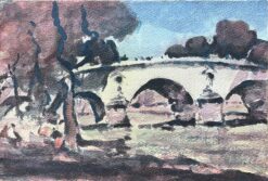 French Impressionist Watercolor of Parisian Bridge with Trees and Riverbank
