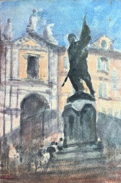 French Impressionist Watercolor of Parisian Monument and Classical Building