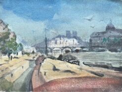 Impressionist Watercolor of Parisian Riverside with Notre-Dame in the Distance