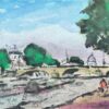 French Impressionist Watercolor of Parisian Riverside Scene with Bridge