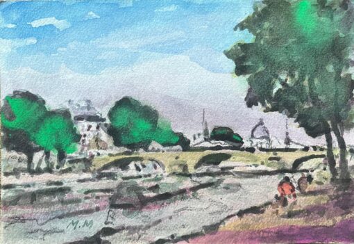 French Impressionist Watercolor of Parisian Riverside Scene with Bridge