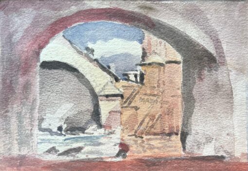 French Impressionist Watercolor of Parisian Archway View