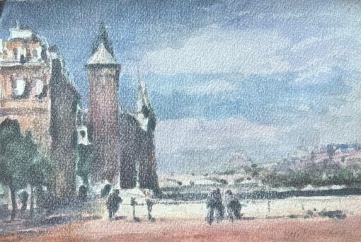 French Impressionist Watercolor of Towers by the River in Paris