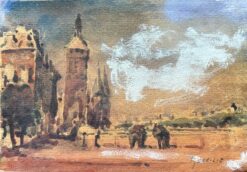 French Impressionist Watercolor of Towers by the River in Paris at Dusk