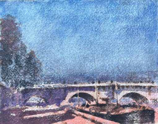 French Impressionist Watercolor of Bridge in Paris at Dawn