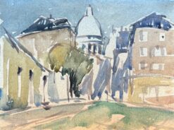 French Impressionist Watercolor of Street Scene with Sacré-Cœur Basilica