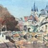 French Impressionist Watercolor of Cityscape with Bridge and Spires